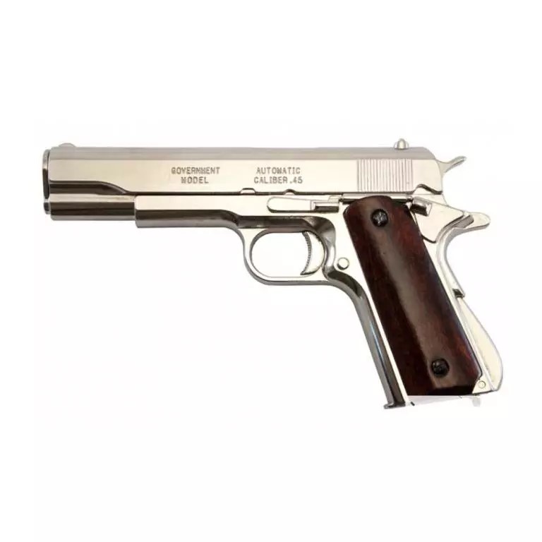 ММГ M1911A1 США 1911 1-я и 2-я Мировые войны 45 калибра (никелированный, накладки из дерева)